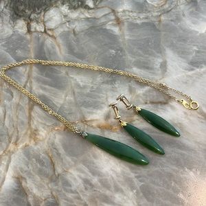 Vintage Jade Necklace set in 14K Gold with Jade Drop Dangle Screw Back Earrings